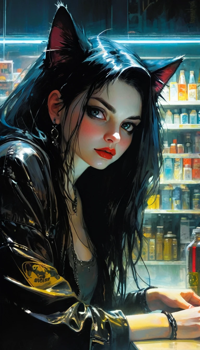 a sexy girl of punk-goth appearance and long hair with a cat attends the store at the counter, fantastic store, disturbing, strange, unnatural, (Rembrandt Lighting: 1.3) light particles, close-up of the part upper body, fantastic angles (art inspired by Bill Sienkiewicz, oil painting)
