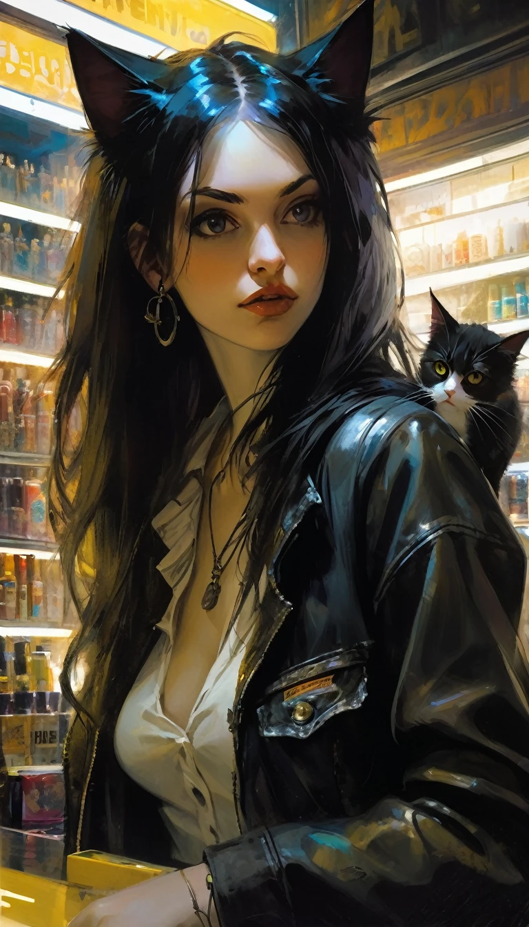 a sexy girl of punk-goth appearance and long hair with a cat attends the store at the counter, fantastic store, disturbing, strange, unnatural, (Rembrandt Lighting: 1.3) light particles, close-up of the part upper body, fantastic angles (art inspired by Bill Sienkiewicz, oil painting)
