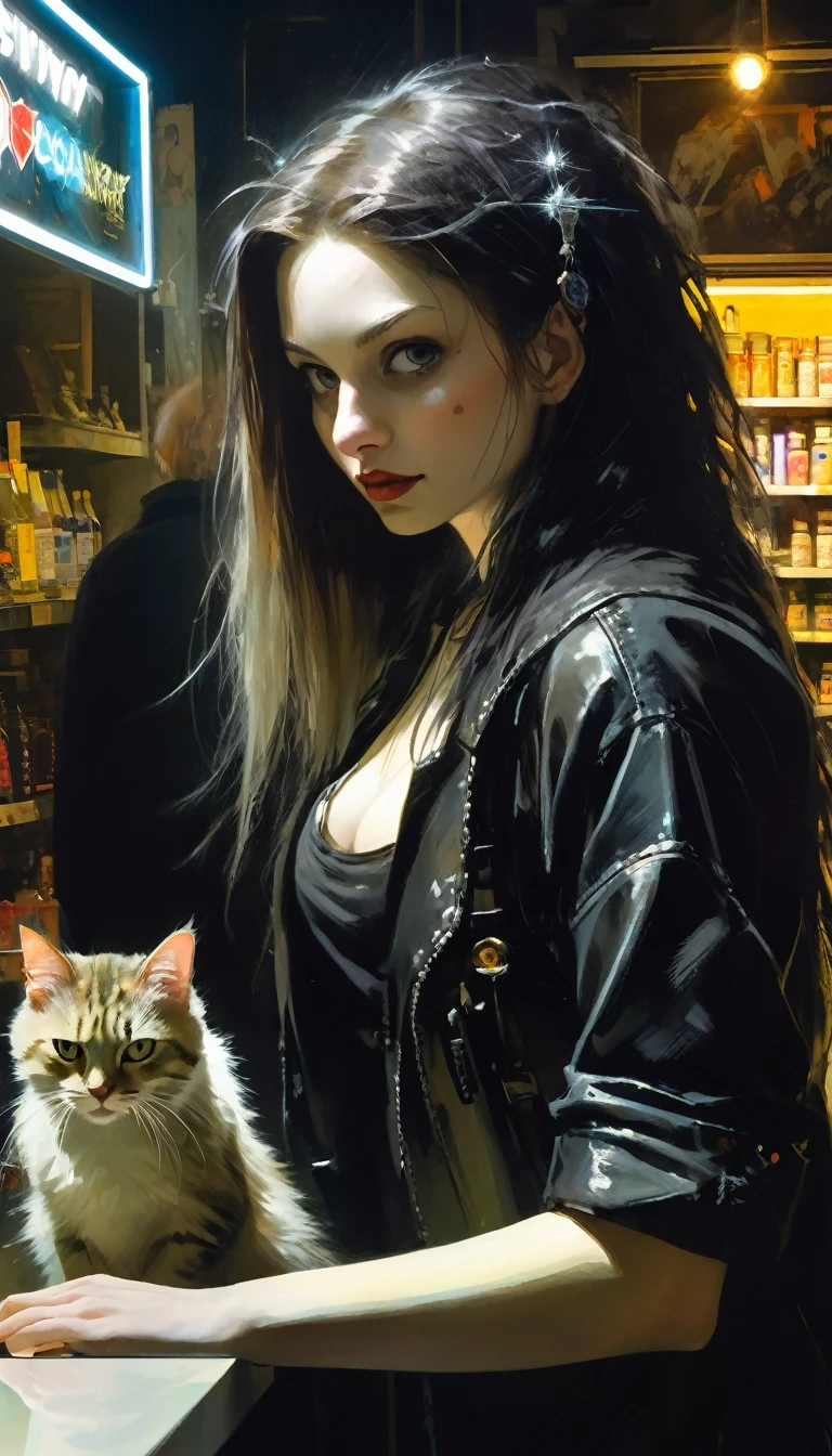 a sexy girl of punk-goth appearance and long hair with a cat attends the store at the counter, fantastic store, disturbing, strange, unnatural, (Rembrandt Lighting: 1.3) light particles, close-up of the part upper body, fantastic angles (art inspired by Bill Sienkiewicz, oil painting)
