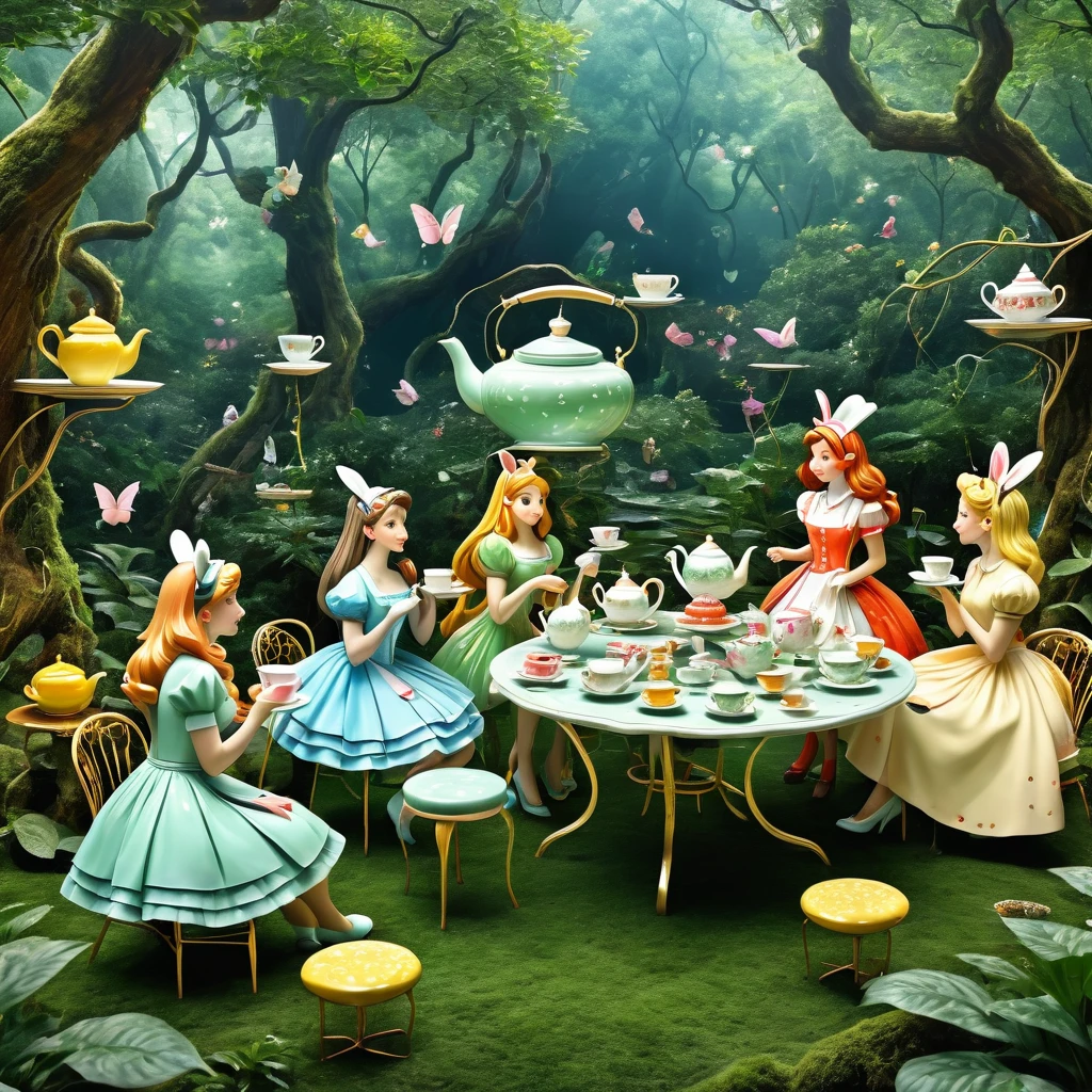 Produce a hyper-realistic AI artwork capturing a timeless moment of a surreal tea party in a dense forest. Showcase intricate details of the characters, their expressions, and the whimsical, oversized tea set.