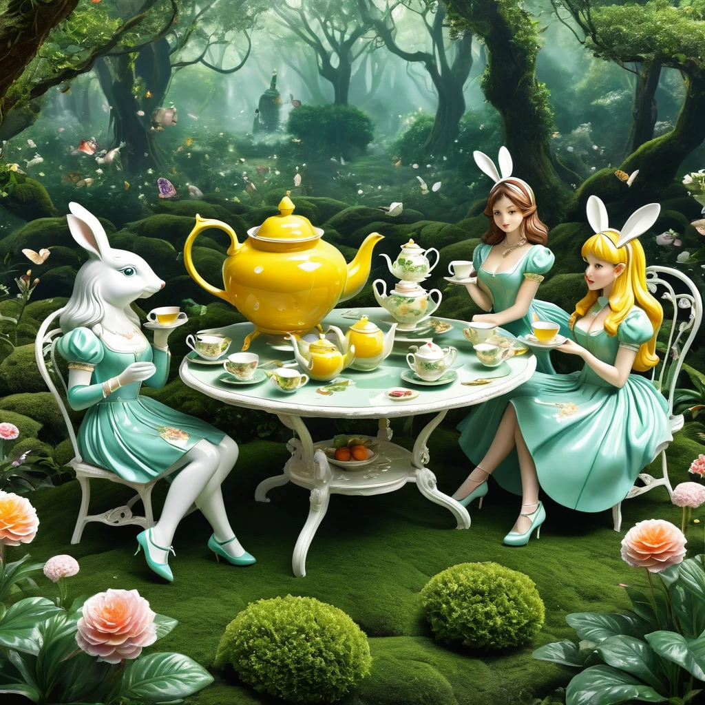 Produce a hyper-realistic AI artwork capturing a timeless moment of a surreal tea party in a dense forest. Showcase intricate details of the characters, their expressions, and the whimsical, oversized tea set.