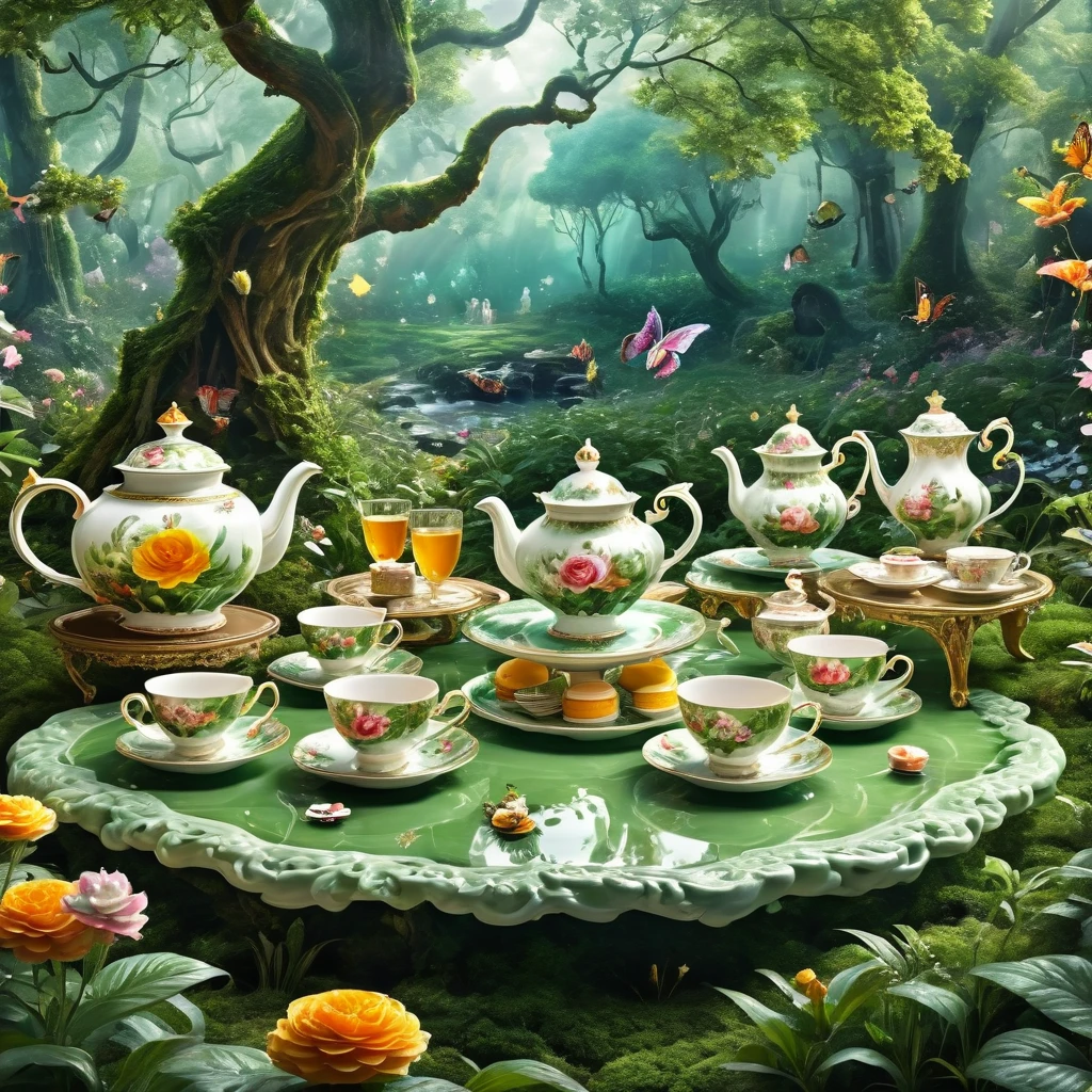 Produce a hyper-realistic AI artwork capturing a timeless moment of a surreal tea party in a dense forest. Showcase intricate details of the characters, their expressions, and the whimsical, oversized tea set.