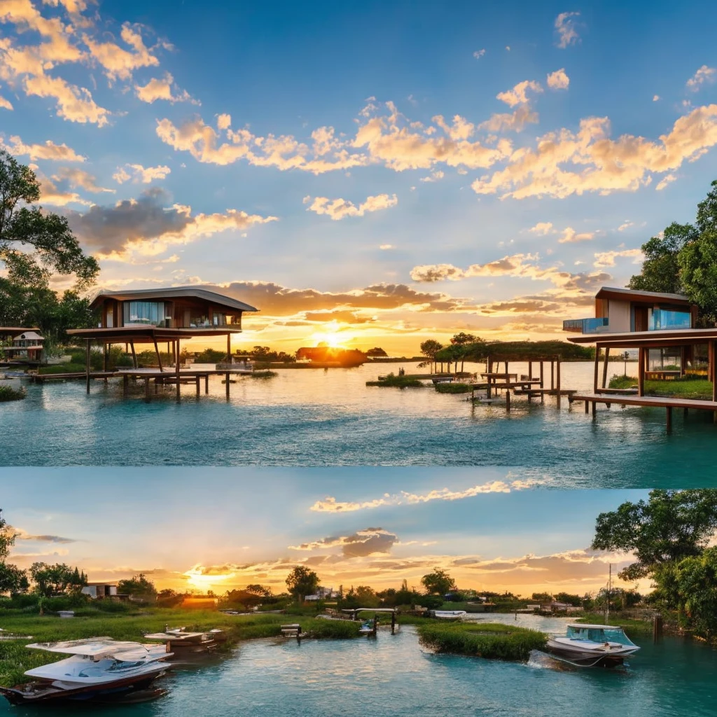 a tourist district with few concrete house  is on top of a light-elevation terrain with beautiful sunset is on one side of the big lake with light blue water and the big lake's water volume has recently decreased so there is a part of land without any buildings, where there used to be water is now land. Blue sky with some birds flying above the river and a yellow punt passing in the distance, the sun sets making it a sight to behold; open plan framing, semi-realistic drawing style, with very high resolution of the drawing contours.