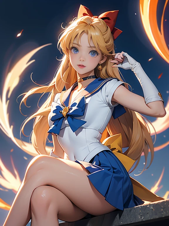 masterpiece, best quality, highres, venus1, 1girl, solo, sailor senshi uniform, sailor venus, aino minako, blonde hair, magical girl, blue eyes, orange skirt, elbow gloves, tiara, pleated skirt, hair bow, orange sailor collar, miniskirt, choker, red bow, orange choker, white gloves, very long hair,  jewelry,  earrings, sitting, crossed legs,