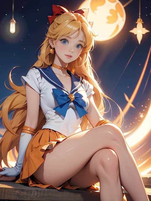 masterpiece, best quality, highres, venus1, 1girl, solo, sailor senshi uniform, sailor venus, aino minako, blonde hair, magical girl, blue eyes, orange skirt, elbow gloves, tiara, pleated skirt, hair bow, orange sailor collar, miniskirt, choker, red bow, orange choker, white gloves, very long hair, jewelry, earrings, sitting, crossed legs,