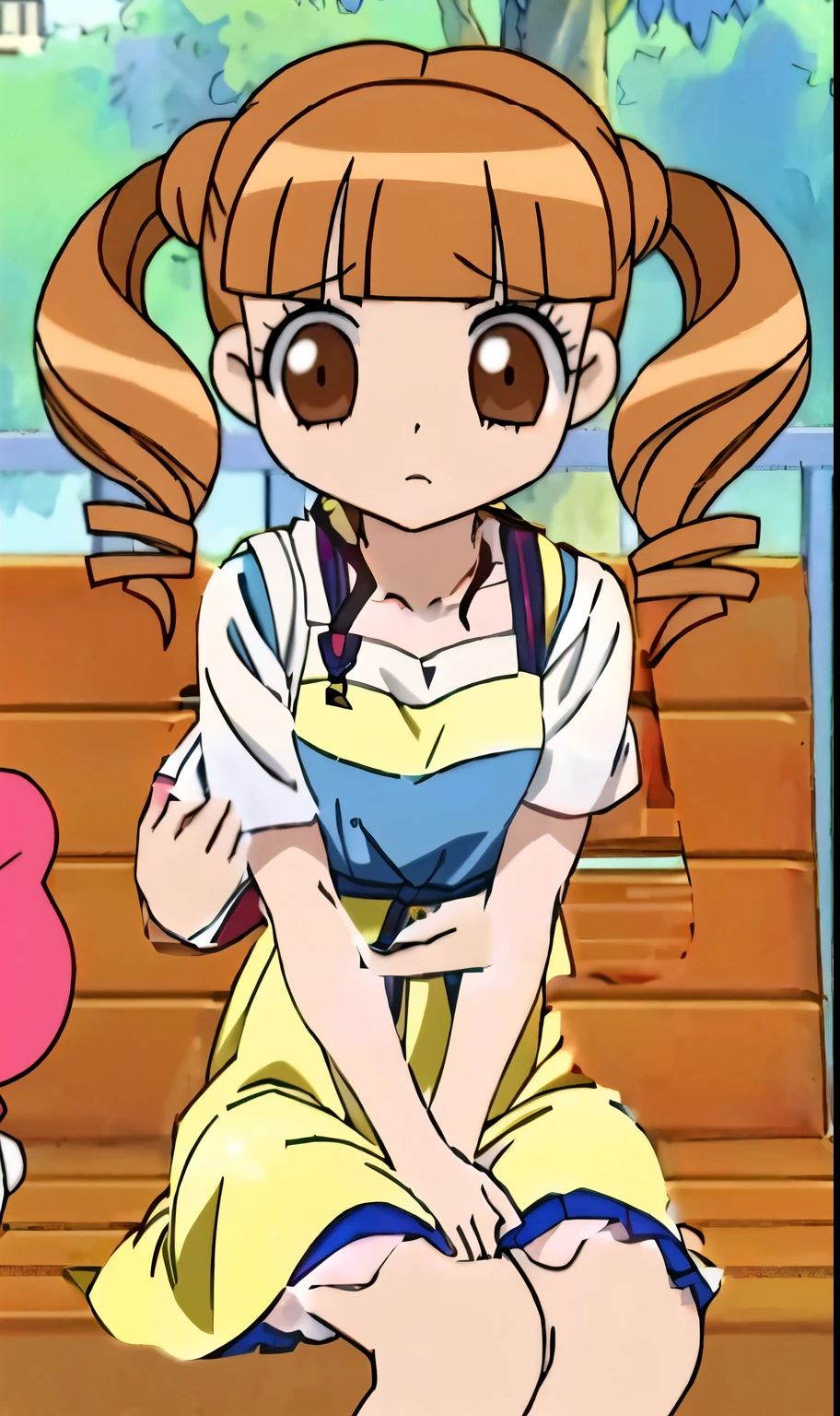 Anime girl in orange twin-tailed hair and blue overalls skirt in yellow shirt sitting on the floor、eye color is red、 s、Little girl、Pinkhair、 hair clip