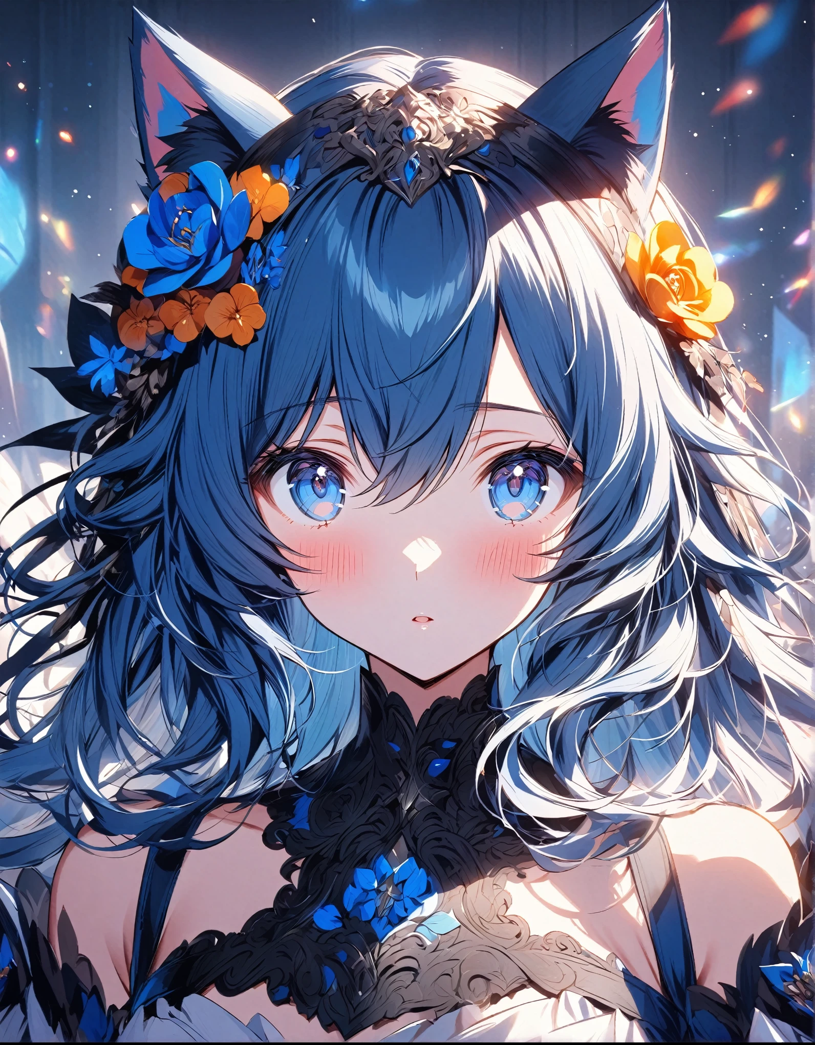 anime looking young woman with blue cat ears wearing a gown. “anime” is when a cartoon is drawn or painted and often uses bright colors, 1girl, solo, animal ears, looking at viewer, blue eyes, hair flower, hair ornament, flower, bangs, hair between eyes, blush