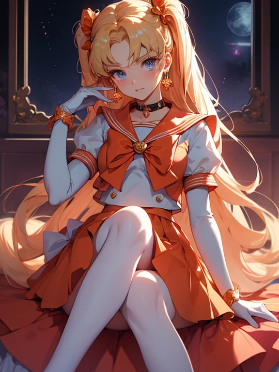 masterpiece, best quality, highres, venus1, 1girl, solo, sailor senshi uniform, sailor venus, aino minako, blonde hair, magical girl, blue eyes, orange skirt, elbow gloves, tiara, pleated skirt, hair bow, orange sailor collar, miniskirt, choker, red bow, orange choker, white gloves, very long hair,  jewelry,  earrings, sitting, crossed legs,