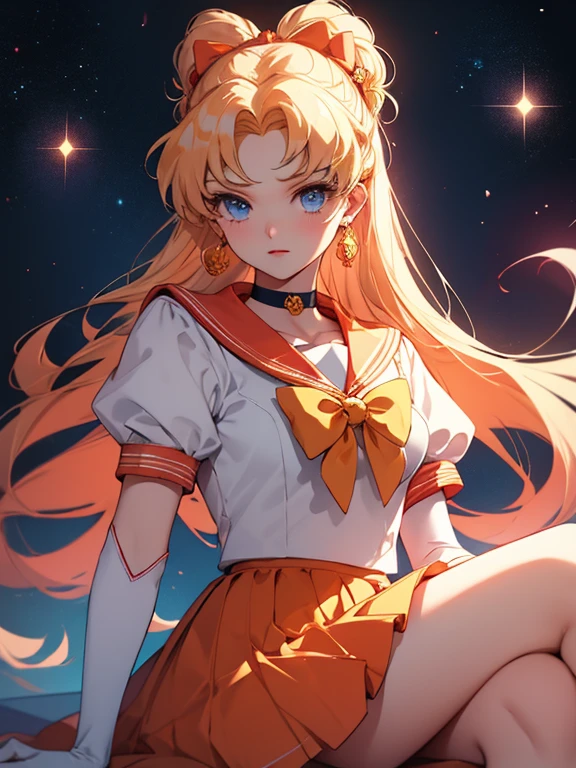 masterpiece, best quality, highres, venus1, 1girl, solo, sailor senshi uniform, sailor venus, aino minako, blonde hair, magical girl, blue eyes, orange skirt, elbow gloves, tiara, pleated skirt, hair bow, orange sailor collar, miniskirt, choker, red bow, orange choker, white gloves, very long hair,  jewelry,  earrings, sitting, crossed legs,