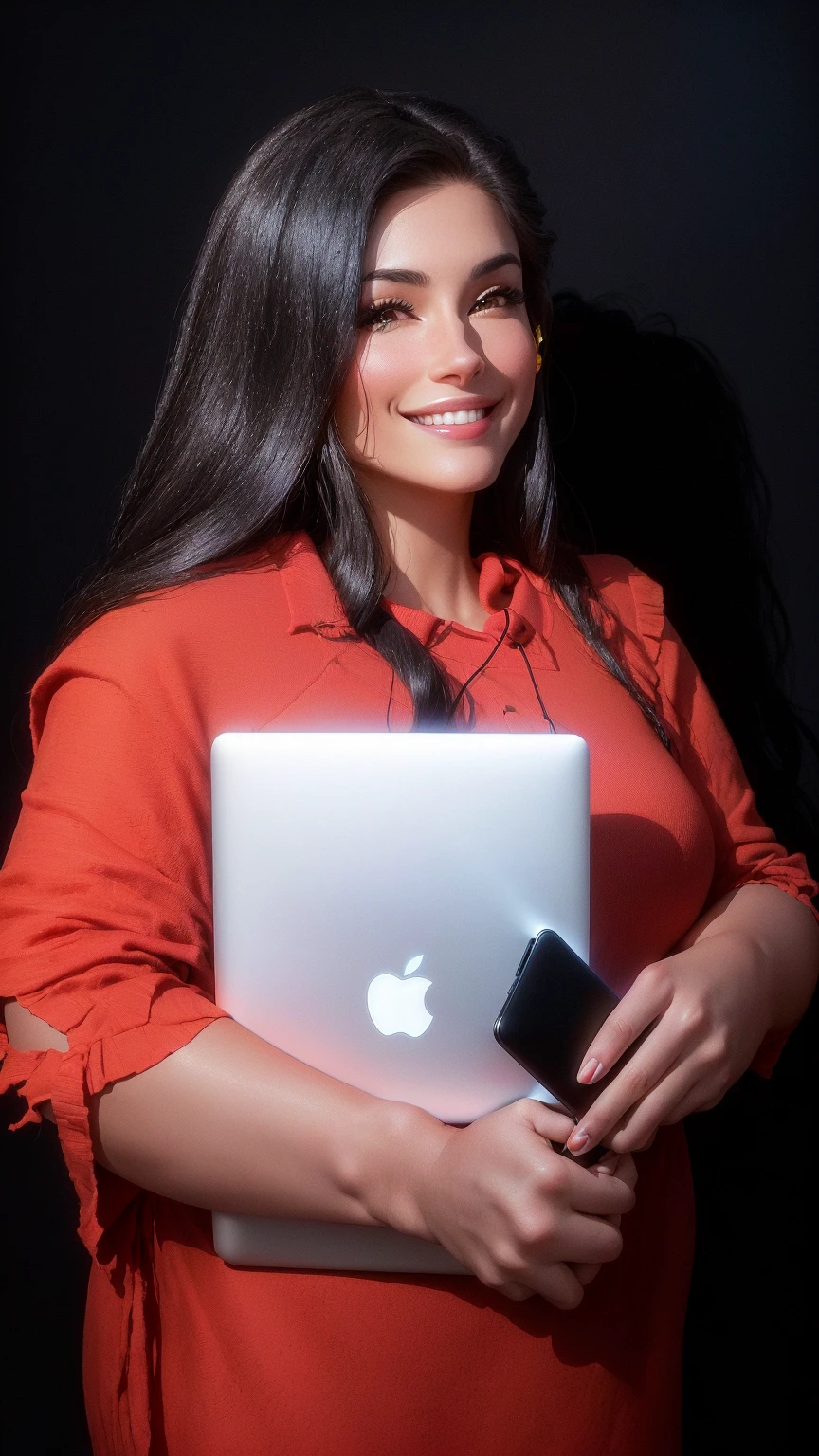 3d pixar style smiling woman holding an apple laptop and a cell phone in her hands, lorena avarez, alanis guillen, in front of a black background, with apple, standing with black background, with black background, Julia Fontes, carla ortiz, she is holding an apple smartphone, malika favre, fernanda suarez