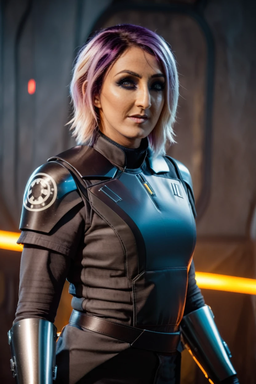 a photograph of a blonde Jessica Nigri cinematic photo sabine wren wearing armor at observatory. 35mm photograph, film, bokeh, professional, shot by david lachapelle, 4k, highly detailed