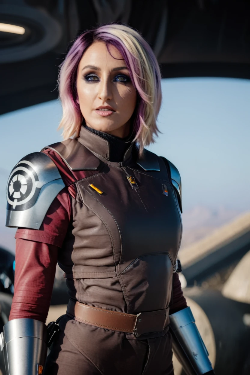 a photograph of a blonde Jessica Nigri cinematic photo sabine wren wearing armor at observatory. 35mm photograph, film, bokeh, professional, shot by david lachapelle, 4k, highly detailed
