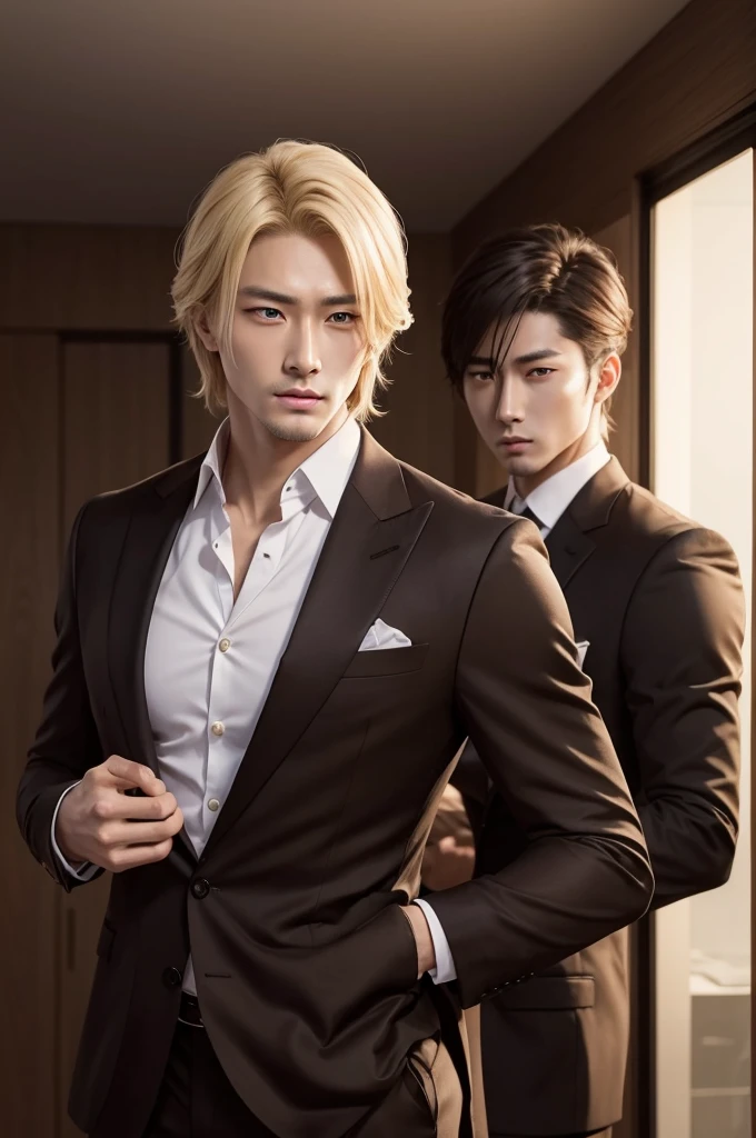 handsome man, blond,Cao Cao,in a suit, eyes browns