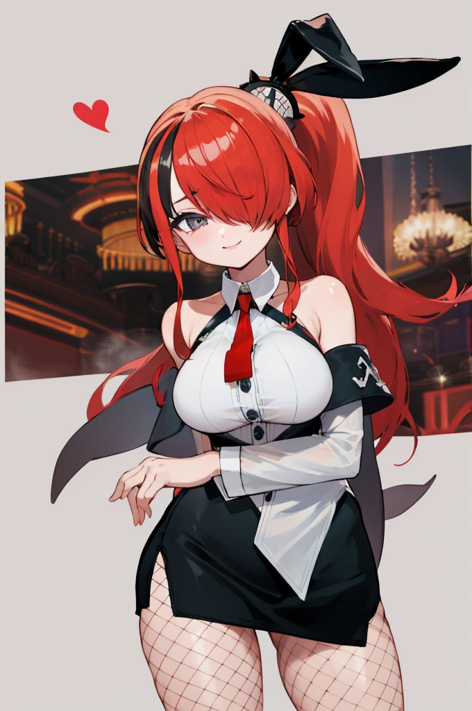 masterpiece, best quality, highres, hmlain, long hair, ponytail, streaked hair, hair over one eye, rabbit ears,  large breasts, bare shoulders, white shirt, collared shirt, red necktie, detached sleeves, black skirt, miniskirt, fishnet pantyhose, standing, cowboy shot, casino,