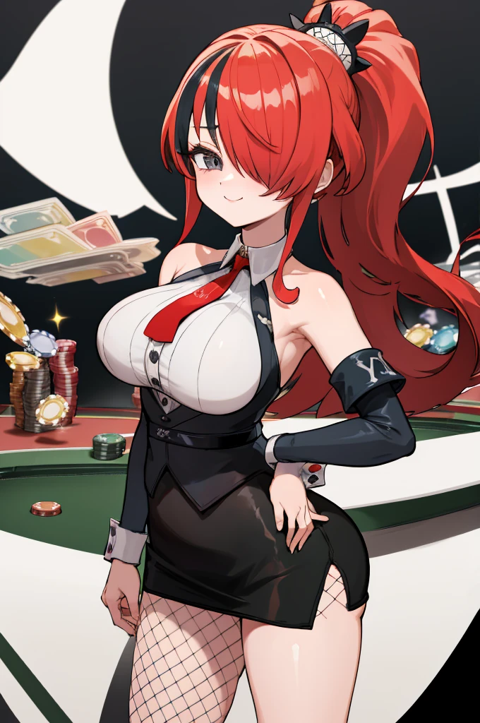 masterpiece, best quality, highres, hmlain, long hair, ponytail, streaked hair, hair over one eye, rabbit ears, large breasts, bare shoulders, white shirt, collared shirt, red necktie, detached sleeves, black skirt, miniskirt, fishnet pantyhose, standing, cowboy shot, casino,
