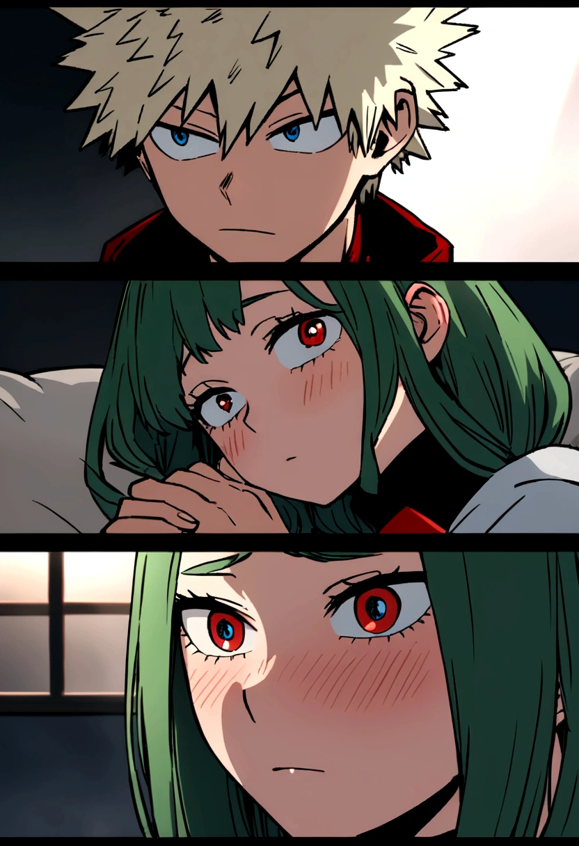 Screenshot of boku no hero academia , beautiful girl.with strong green hair. blue eyes .and he is next to bakugo katsuki , He is ash blonde , with red eyes and he is declaring his love for her, bakugo is very blushing
