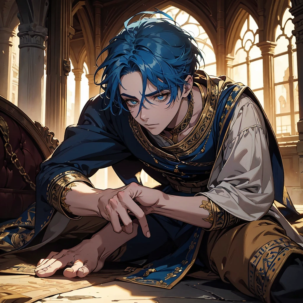 a boy with blue hair and extremely detailed yellow pupils, sitting on the ground in medieval indigent clothing, highly detailed, photorealistic, 8k, studio lighting, vivid colors, intricate details, atmospheric lighting, dramatic shadows, renaissance style painting, moody lighting
