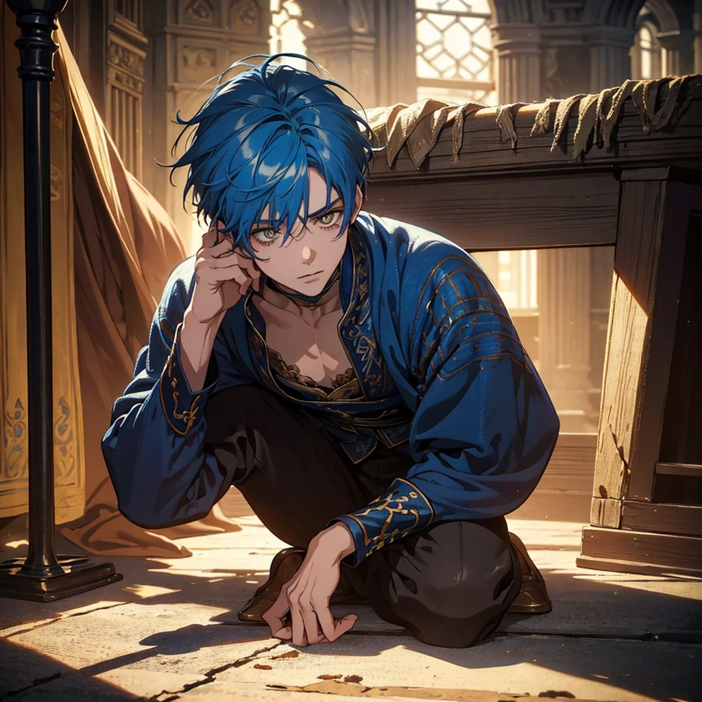 a boy with blue hair and extremely detailed yellow pupils, sitting on the ground in medieval indigent clothing, highly detailed, photorealistic, 8k, studio lighting, vivid colors, intricate details, atmospheric lighting, dramatic shadows, renaissance style painting, moody lighting