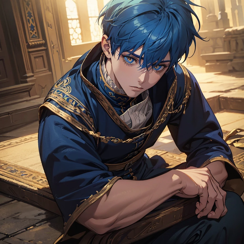a boy with blue hair and extremely detailed yellow pupils, sitting on the ground in medieval indigent clothing, highly detailed, photorealistic, 8k, studio lighting, vivid colors, intricate details, atmospheric lighting, dramatic shadows, renaissance style painting, moody lighting