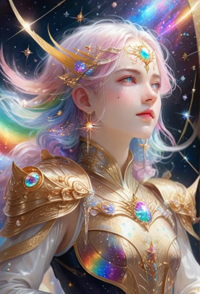 1girl, rainbow colored hair,white delicatedress armor, rainbow colored cosmic nebula background, stars, galaxias, Intricate details, fair skin,masterpiece, best quality, realistic, happily floating in space, sparkly, glowing