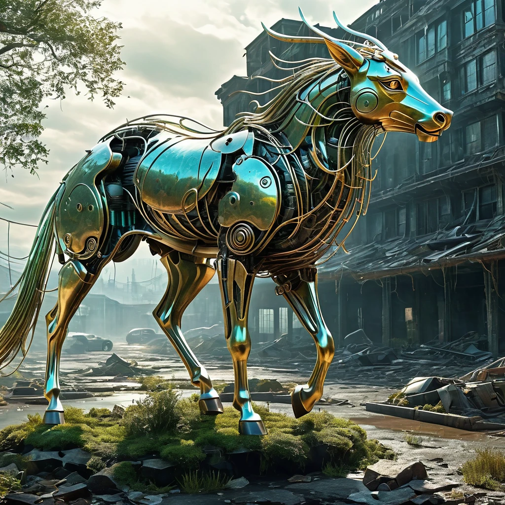 Inspire an AI-generated image of a mythical creature in a post-apocalyptic setting. Combine elements of ancient folklore with futuristic decay and technology to create a hauntingly beautiful scene.