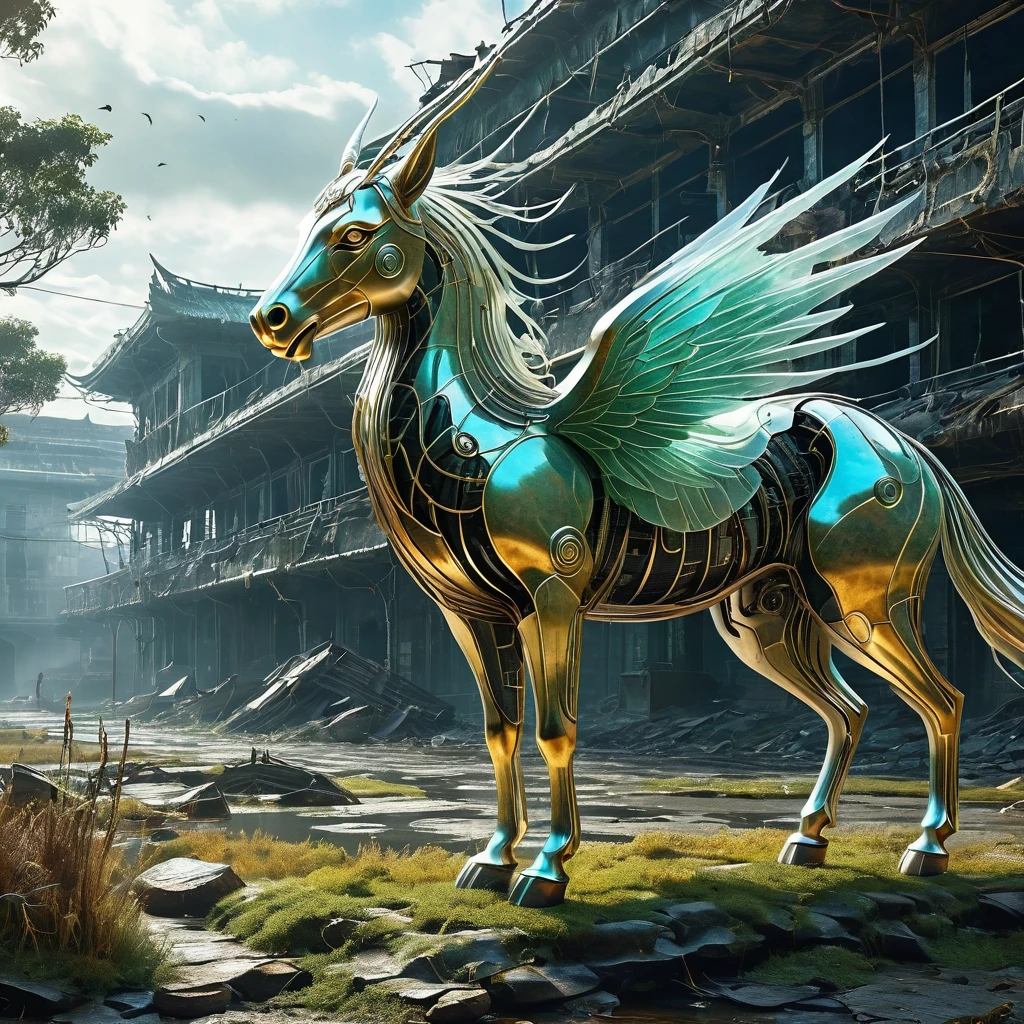 Inspire an AI-generated image of a mythical creature in a post-apocalyptic setting. Combine elements of ancient folklore with futuristic decay and technology to create a hauntingly beautiful scene.