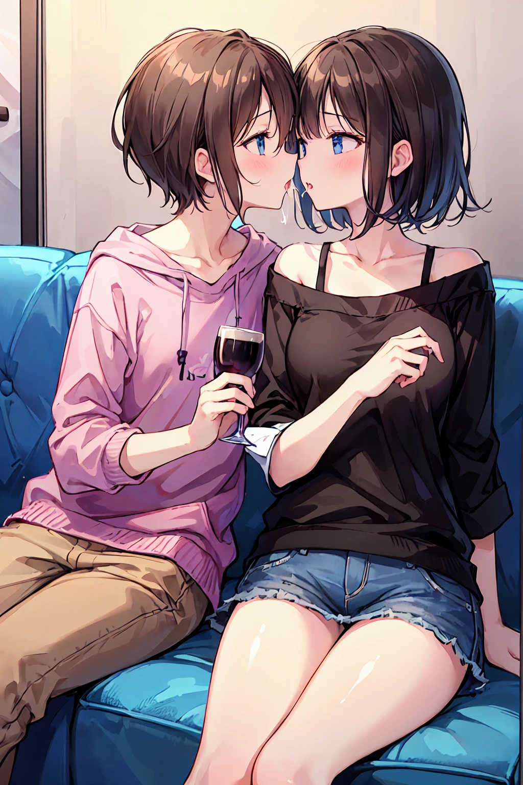 Couple in their 20ale1名, woman1名、Both men and women should wear casual attire..、French kiss、Shiny atmosphere、Saliva outflow、woman(Medium long brown hair)close ~ eye、Sweet Sigh、male(Black Short Hair、右手をwomanの頬に当てる)tightly close your eye、With background(room、sofa)、The night deepens、dark、Anatomically correct limbs、The girl is a little thin、I can see your underwear