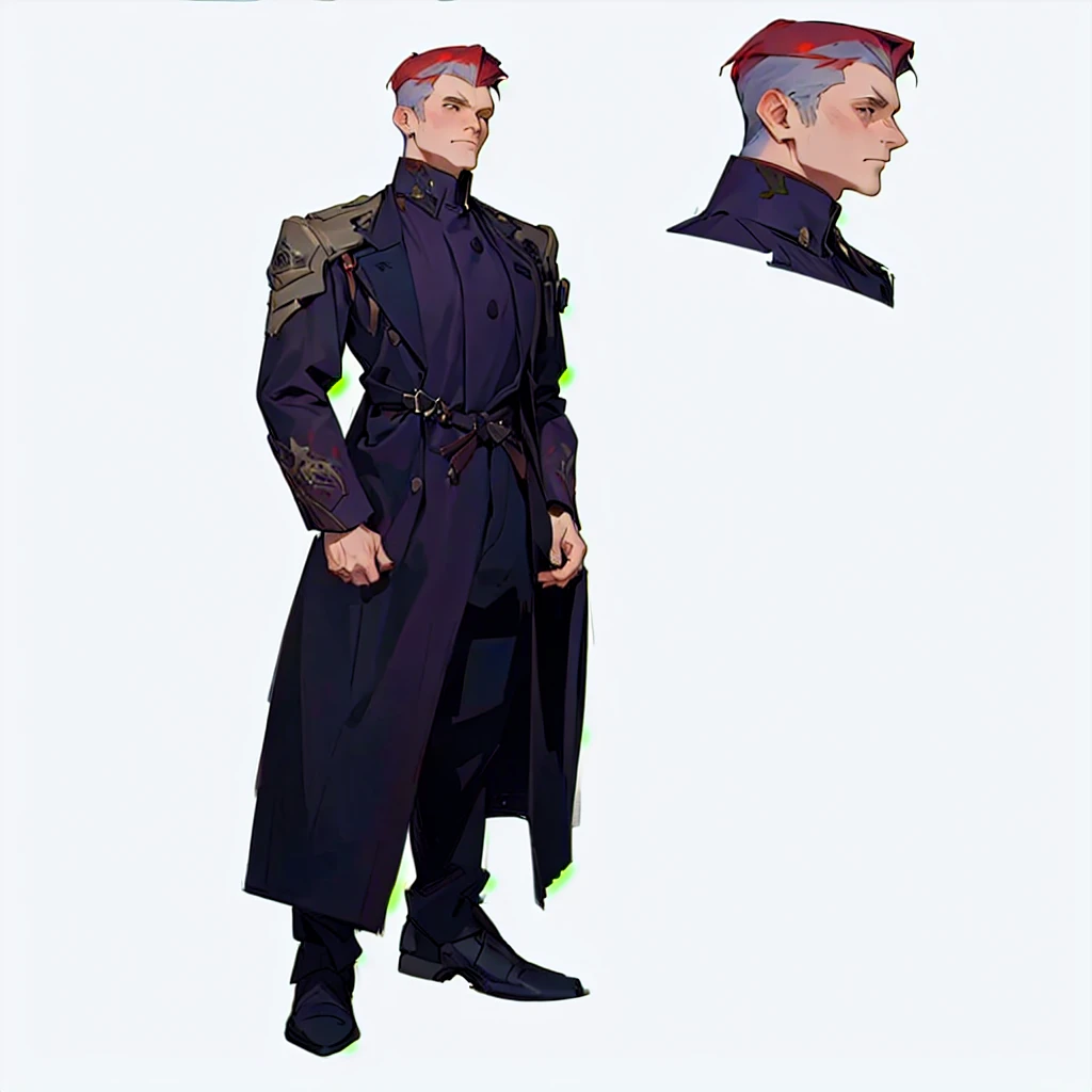 man, beautiful painterly render with watercolor strokes, Red hair with gray, green coat overalls, put his right hand on the cane, save every original stroke, bring a unique style inherent to me as an author, close-up of a man in a long coat and hat, detailed concept of a slim body art, male character design, detailed character design, full body character design, full body concept art, full body character concept art, ( ( character concept art ) ), full body character concept, highly detailed character design, full body concept, unrealistic character concept, [ character design ]