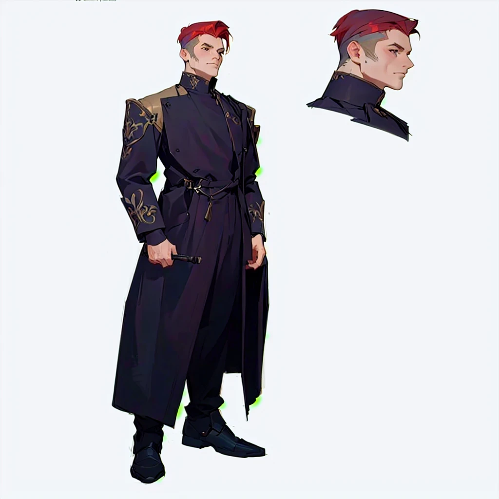 man, beautiful painterly render with watercolor strokes, Red hair with gray, green coat overalls, put his right hand on the cane, save every original stroke, bring a unique style inherent to me as an author, close-up of a man in a long coat and hat, detailed concept of a slim body art, male character design, detailed character design, full body character design, full body concept art, full body character concept art, ( ( character concept art ) ), full body character concept, highly detailed character design, full body concept, unrealistic character concept, [ character design ]