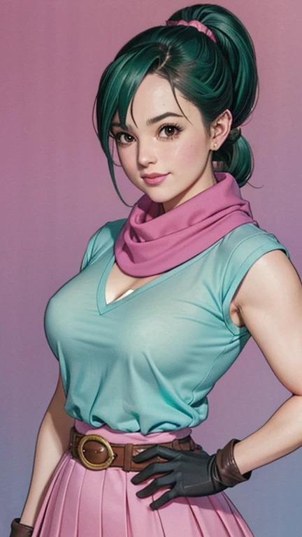 A happy medium portrait of Bulma, dragon ball, blmpony, aqua hair, hair ribbon, braided ponytail, pink shirt, belt, scarf, pink skirt, clothes writing, brown gloves, medium breasts, (made by Akira Toriyama) 