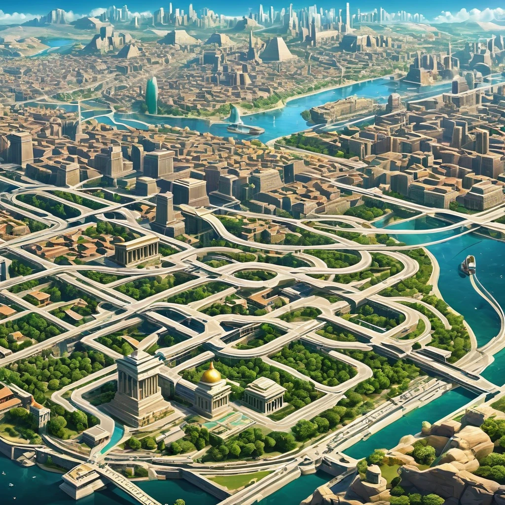Create an AI masterpiece that explores the concept of time travel. Show a contemporary cityscape seamlessly merging with an ancient civilization, where past and present coexist.