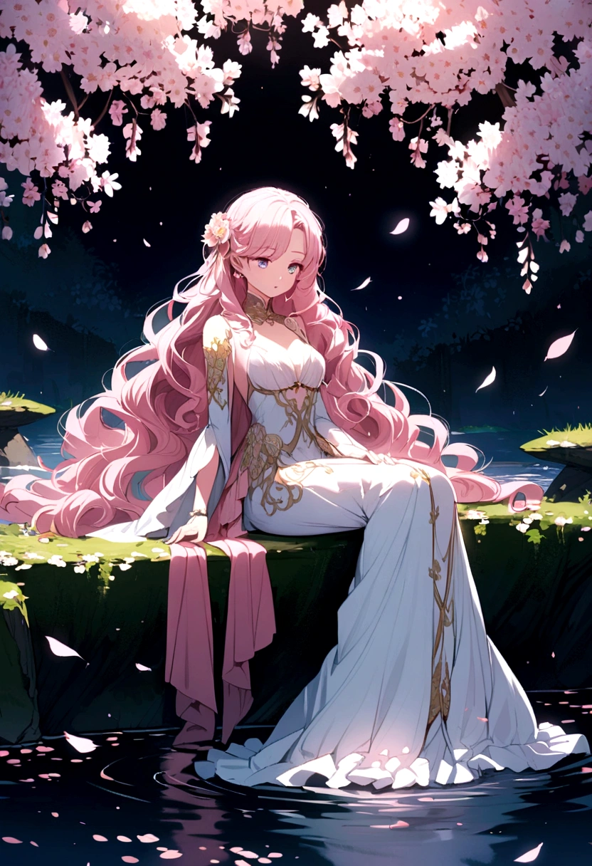 An extremely beautiful anime girl with pink wavy hair wearing an exquisite dress sitting under a cherry blossom with a pond below