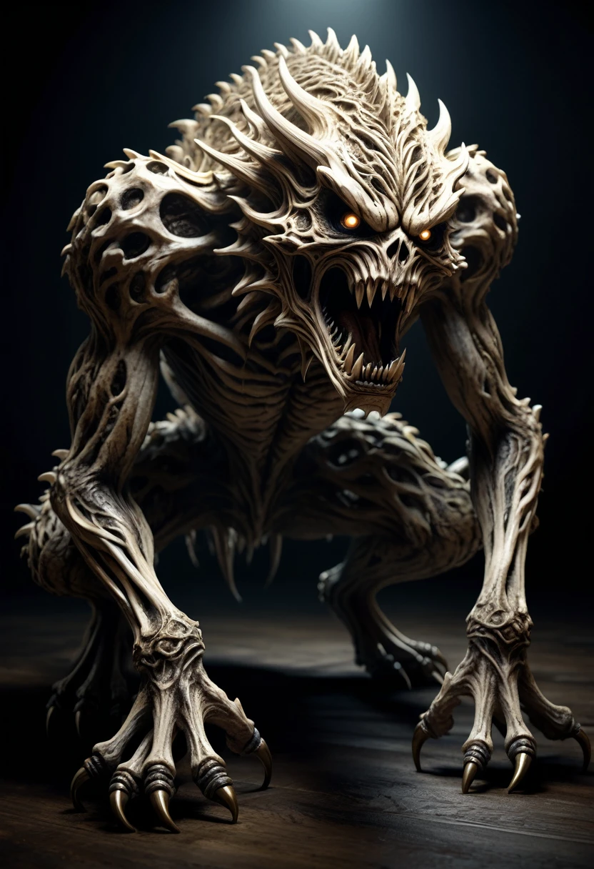 a monster made of bone, abject fear, dynamic, intricate details, hyper-realistic, dramatic lighting