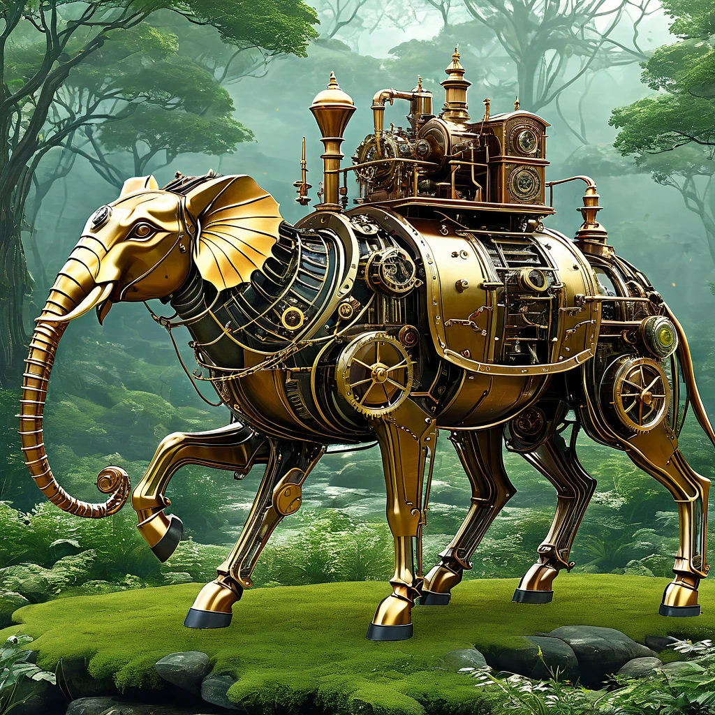 Imagine a steampunk-inspired world where mechanical animals roam freely in a fantastical landscape. Generate an AI image that combines the elegance of Victorian machinery with the wonders of nature.
