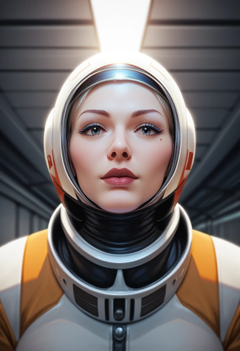 timeless style, masterpiece, best quality, 8k, artstation, sharp focus, ultrarealistic, high details, raw photo portrait of beautiful girl, wearing a tight all white space suit standing in the hallway of a spaceship, (retro bubble space helmet), perfect face, perfect eyes, inside spaceship, volumetric lighting, depth of field, cinematic lighting, medium shot, face focus,noir jaune rouge