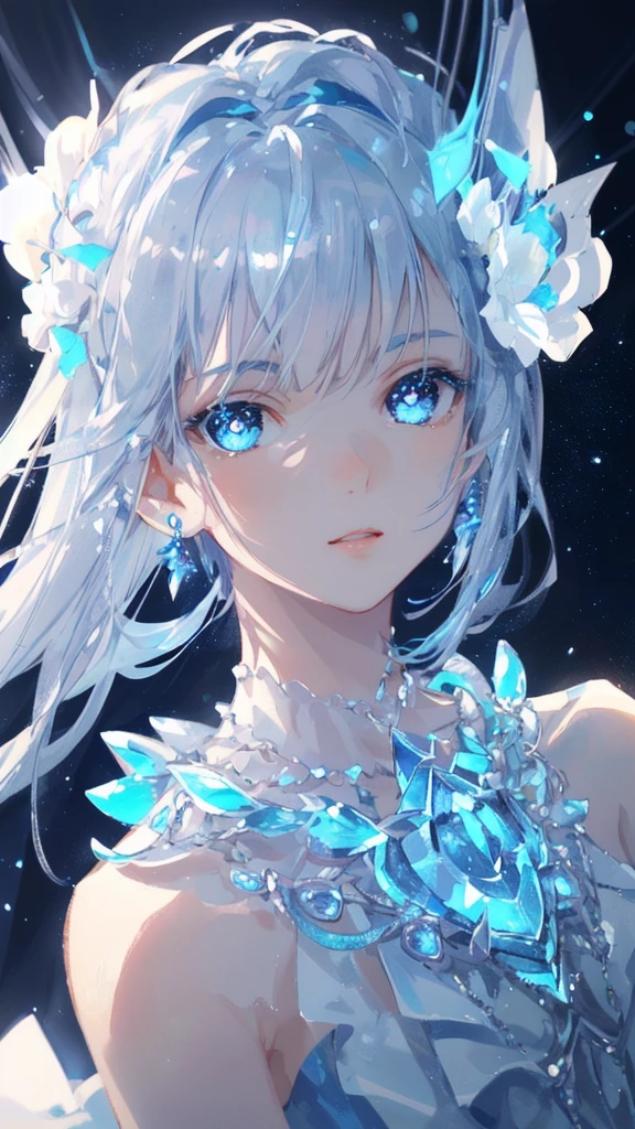 masterpiece, best quality, illustration, sax blue, platinum earrings, platinum necklace, white dress, 1girl, cute, (dynamic lighting:1.2), cinematic lighting, delicate facial features, detailed eyes, sharp pupils, realistic pupils, depth of field, bokeh, sharp focus, (hyper-detailed, bloom, glow:1.4), many small gems