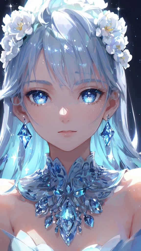 masterpiece, best quality, illustration, sax blue, platinum earrings, platinum necklace, white dress, 1girl, cute, (dynamic lighting:1.2), cinematic lighting, delicate facial features, detailed eyes, sharp pupils, realistic pupils, depth of field, bokeh, sharp focus, (hyper-detailed, bloom, glow:1.4), many small gems