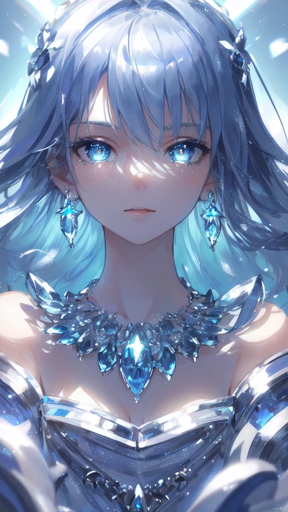 masterpiece, best quality, illustration, sax blue, platinum earrings, platinum necklace, white dress, 1girl, cute, (dynamic lighting:1.2), cinematic lighting, delicate facial features, detailed eyes, sharp pupils, realistic pupils, depth of field, bokeh, sharp focus, (hyper-detailed, bloom, glow:1.4), many small gems