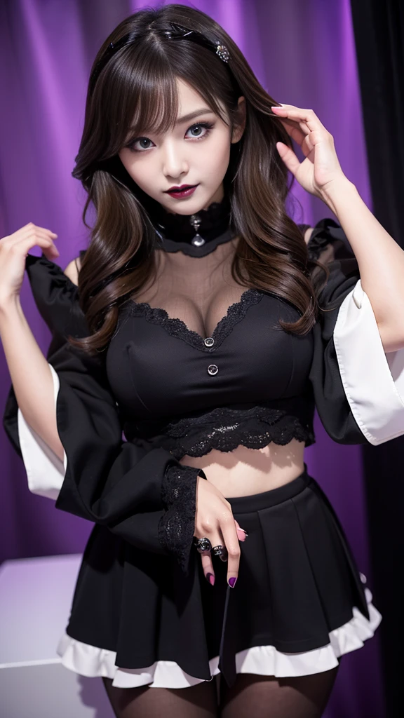 best quality、ultra-detailed、、Japanese、Japanese、Seductive beauty、seductive adult woman、Pretty Woman、cool girl、smirk、Wicked Smile、Villainess、brainwash makeup、Brainwashed、brainwash、Fallen into evil、Evil look、evil、Brown hair、wavy hair、swept bangs、dark makeup、piercing eyes、hollow eyes,half-closed eyes、Hollow Eyes、purple Eyeshadow、black lipstick、black lipglos、black elegant dress、wide sleeve、Black flared skirt、lace fabric gloves、stockings、pantyhose、night、inside darkroom、lipstick、Holding a needle、Are standing、Look、Offer、shoot from below、Swear allegiance、I have pledged my allegiance、Female Combatant、Evil female executive、brainwashing、Fallen into evil、Fall into Darkness