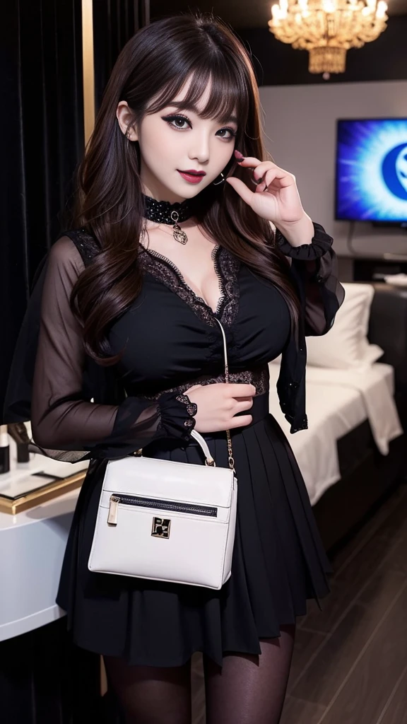 best quality、ultra-detailed、、Japanese、Japanese、Seductive beauty、seductive adult woman、Pretty Woman、cool girl、smirk、Wicked Smile、Villainess、brainwash makeup、Brainwashed、brainwash、Fallen into evil、Evil look、evil、Brown hair、wavy hair、swept bangs、dark makeup、piercing eyes、hollow eyes,half-closed eyes、Hollow Eyes、purple Eyeshadow、black lipstick、black lipglos、black elegant dress、wide sleeve、Black flared skirt、skin color pantyhose、stockings、night、inside darkroom、hand hold pantyhose、Are standing、shoot from below、Offer、shoot from below、Swear allegiance、I have pledged my allegiance、