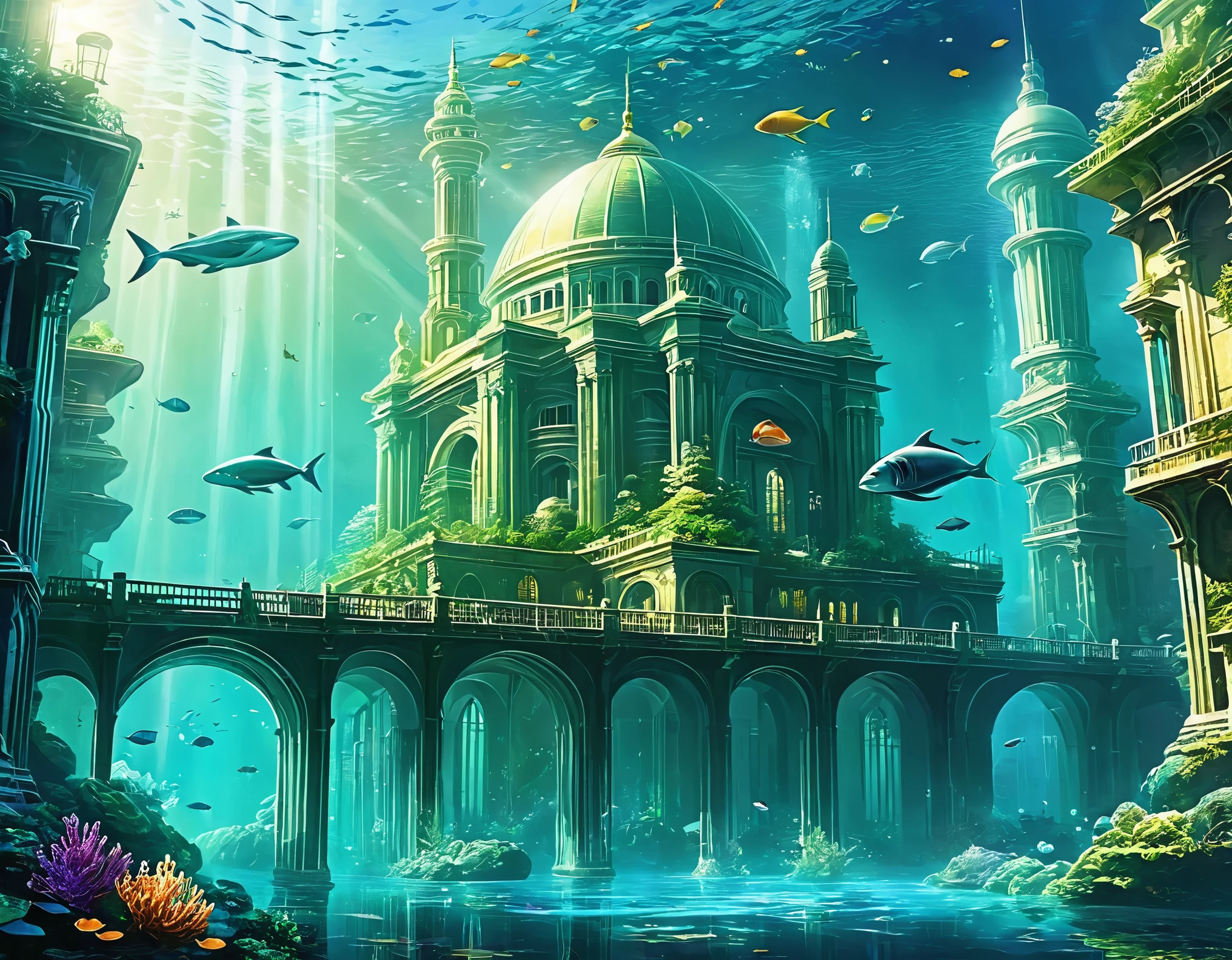 Create an AI artwork that envisions a futuristic metropolis submerged underwater. Show advanced architecture, aquatic life, and ethereal lighting effects. The image should evoke a sense of wonder and exploration.