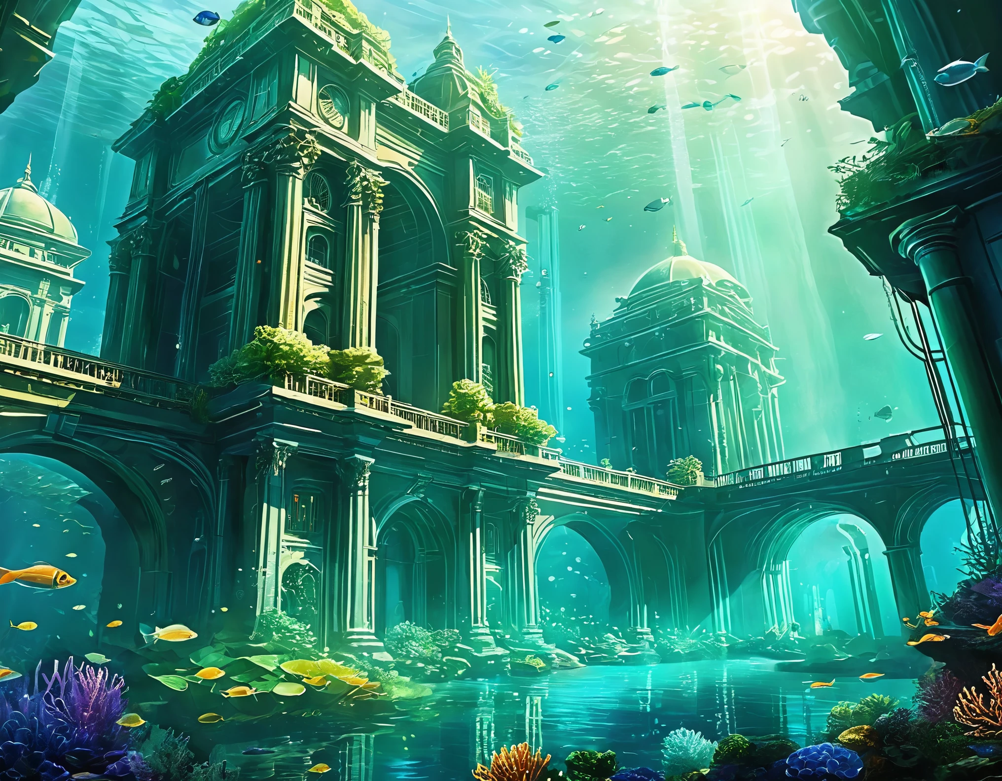 Create an AI artwork that envisions a futuristic metropolis submerged underwater. Show advanced architecture, aquatic life, and ethereal lighting effects. The image should evoke a sense of wonder and exploration.