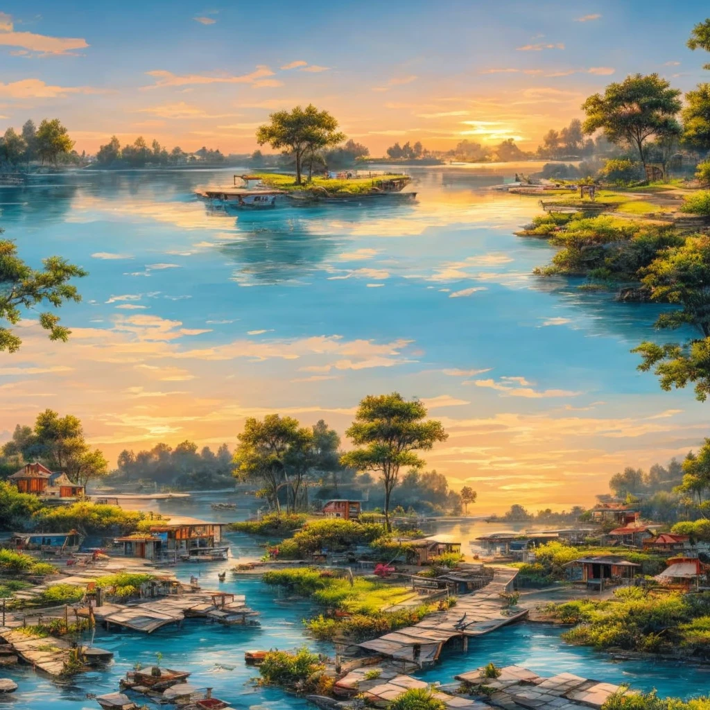 a tourist district with few concrete house is on top of a light-elevation terrain with beautiful sunset is on one side of the big lake with light blue water and the big lake's water volume has recently decreased so there is a part of land without any buildings, where there used to be water is now land. Blue sky with some birds flying above the river and a yellow punt passing in the distance, the sun sets making it a sight to behold; open plan framing, semi-realistic drawing style, with very high resolution of the drawing contours.
