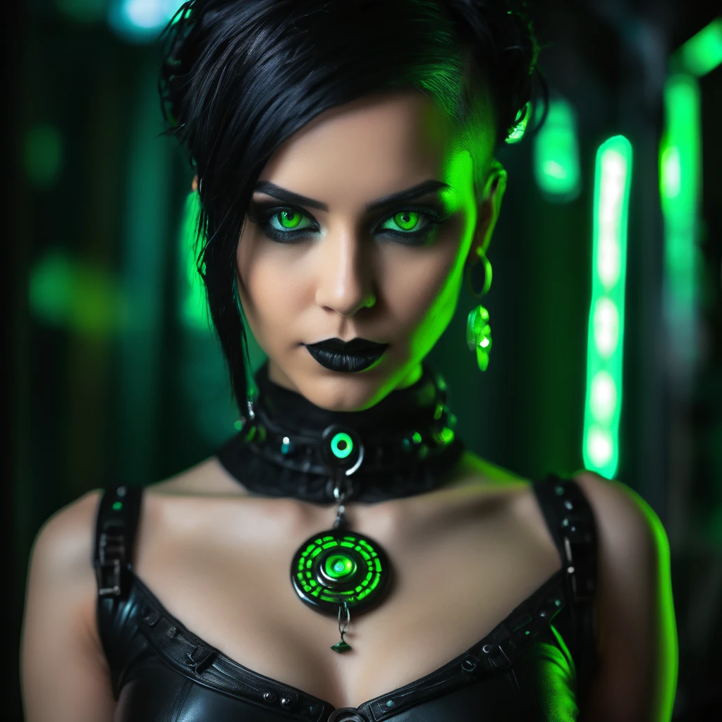photo portrait de face d'une femme vêtue de vêtements noirs ouverts de femdom, green eye, coiffure audacieuse, haut court, culotte, Metal Jewelry, posture dynamique, beau corps, silhouette mince, Attractive cyberpunk dark fantasy, Sensuel, dark styled, Dark Fantasy mixed with realism, fille gothique, dominatrice en jeu, femdom at play, Mistress, Attractive, very beautiful gothic top model, ambiance dark, gothic horror, The queen of dark gothic, Ambiance gothique, femme gothique, Brilliant and dark, ornamental gothic - cyberpunk, gothic - cyberpunk,