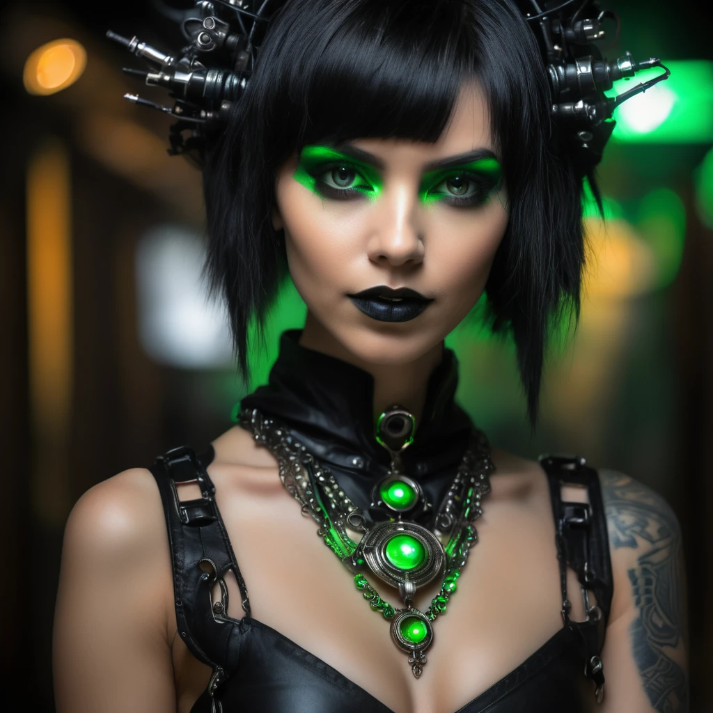 photo portrait de face d'une femme vêtue de vêtements noirs ouverts de femdom, green eye, coiffure audacieuse, haut court, culotte, Metal Jewelry, posture dynamique, beau corps, silhouette mince, Attractive cyberpunk dark fantasy, Sensuel, dark styled, Dark Fantasy mixed with realism, fille gothique, dominatrice en jeu, femdom at play, Mistress, Attractive, very beautiful gothic top model, ambiance dark, gothic horror, The queen of dark gothic, Ambiance gothique, femme gothique, Brilliant and dark, ornamental gothic - cyberpunk, gothic - cyberpunk,