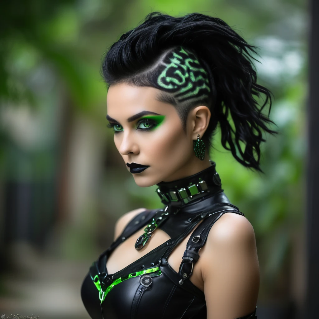 photo portrait de face d'une femme vêtue de vêtements noirs ouverts de femdom, green eye, coiffure audacieuse, haut court, culotte, Metal Jewelry, posture dynamique, beau corps, silhouette mince, Attractive cyberpunk dark fantasy, Sensuel, dark styled, Dark Fantasy mixed with realism, fille gothique, dominatrice en jeu, femdom at play, Mistress, Attractive, very beautiful gothic top model, ambiance dark, gothic horror, The queen of dark gothic, Ambiance gothique, femme gothique, Brilliant and dark, ornamental gothic - cyberpunk, gothic - cyberpunk,
