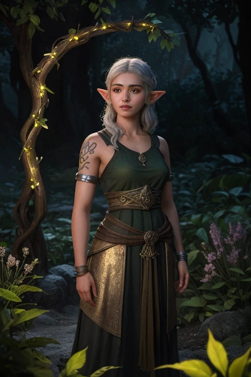 masterpiece, "Arya" the light-skinned elf with a slight golden hue and silver hair, stands in a clearing illuminated by bioluminescent flowers. His green eyes shine as he looks at a tribe of mystical creatures. The scene has vibrant, bioluminescent lighting, with soft focus and ultra-detailed 3D rendering style. Arya has a bioluminescent vine-shaped tattoo on her left arm.