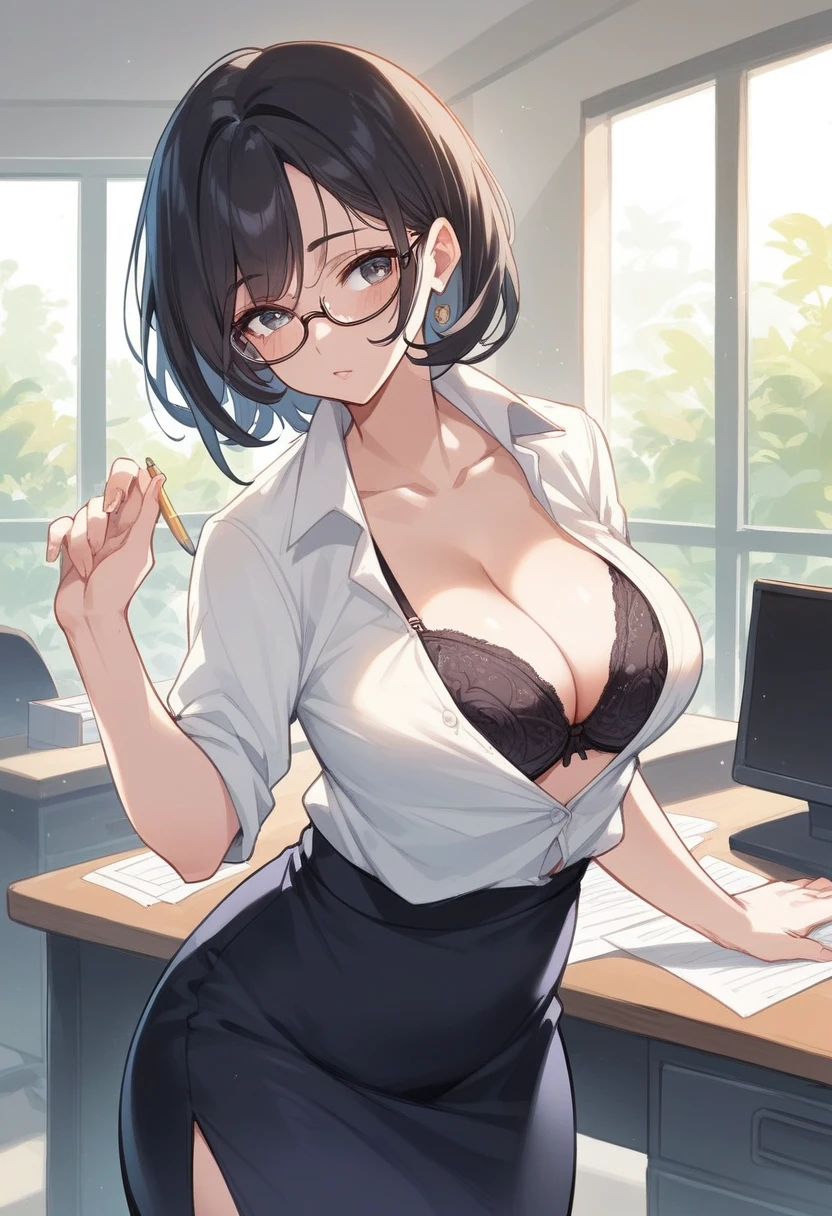 (mature woman), blush, very horny, skin fair, shirt with open button, (neckline that shows the bra), Long pencil skirt, wearing glasses, short black hair, beautiful  face, 가슴, sensuous, highest quallity,standing pose, (fund: in front of the office desk)