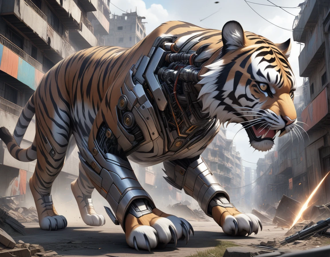 Ultra-realism, ((Masterpiece)), ((Best Quality)), (Very Detailed), ((Very Detailed)), 4K, (8K), very aesthetic, absurdres highres, Create highly textured mechanical tiger artwork. This tiger has a metallic sheen and realistic texture and is constructed with detailed mechanical elements. The colors are metallic gray and silver, with hints of rust, giving it an aged but advanced technological look. The background is simple and focuses on the intricacy and craftsmanship of the tiger design, Create an animation of a cybernetic tiger attacking outdoors. The tiger should be slashing at enemies with its sharp claws and delivering powerful strikes with its front legs. The background should feature a war-torn battlefield with destroyed buildings.
