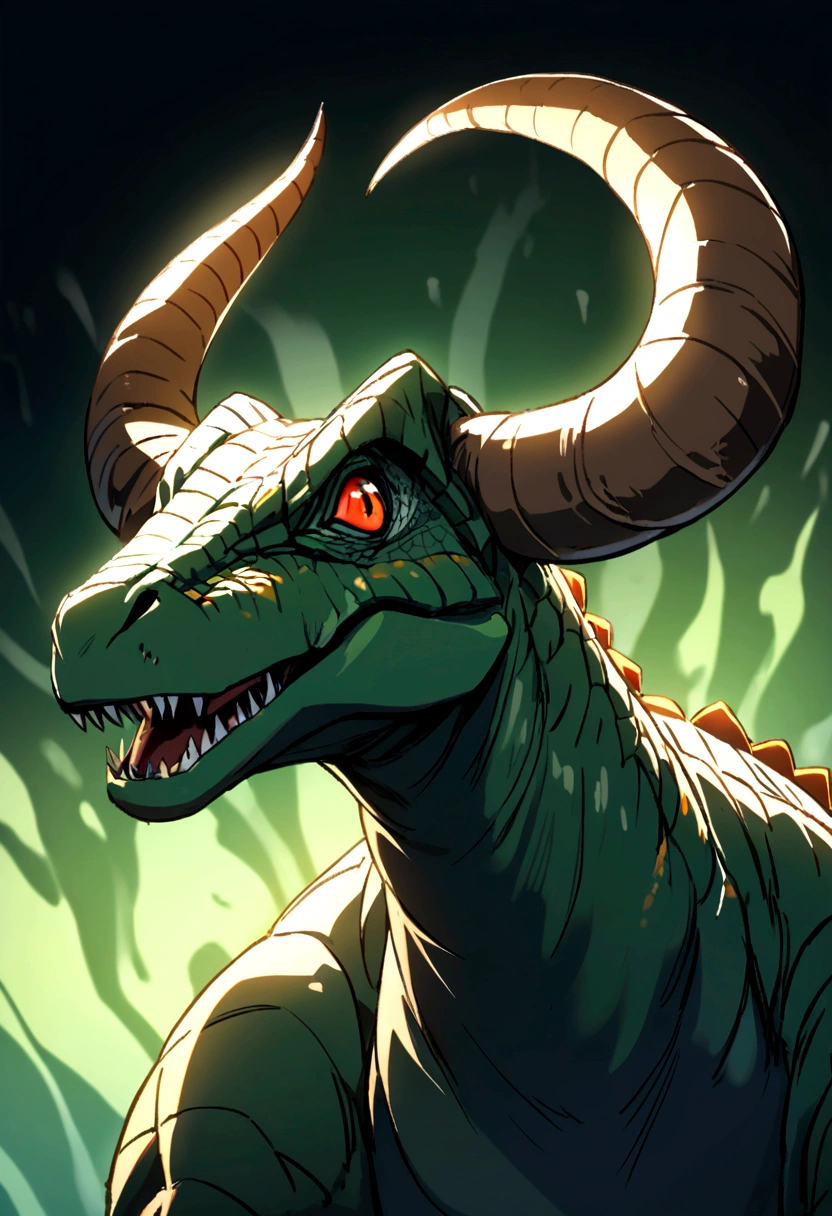 a dinosaur with long horns on his head 